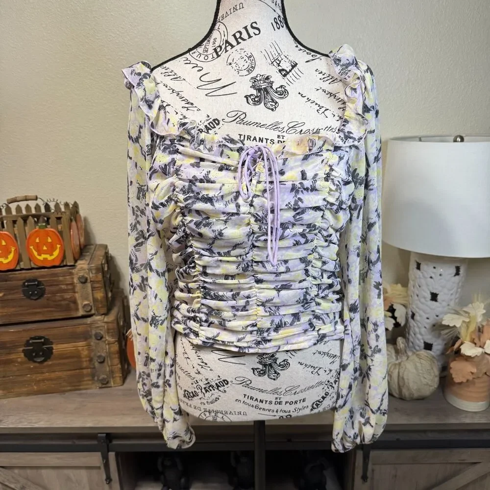 Free People Mabel Floral Tie Blouse Lilac Balloon Sleeve Sz S Boho Cottage